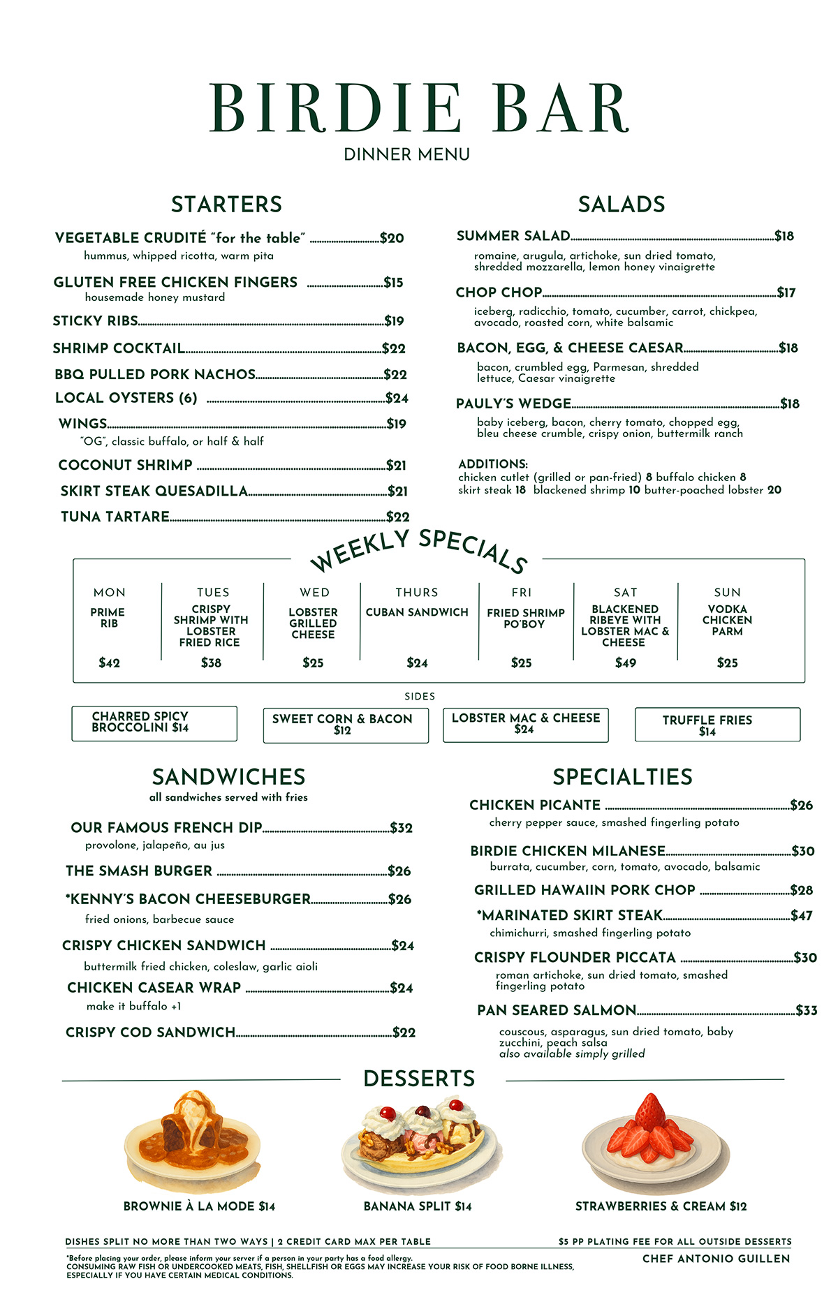 Birdie Bar Dinner Menu