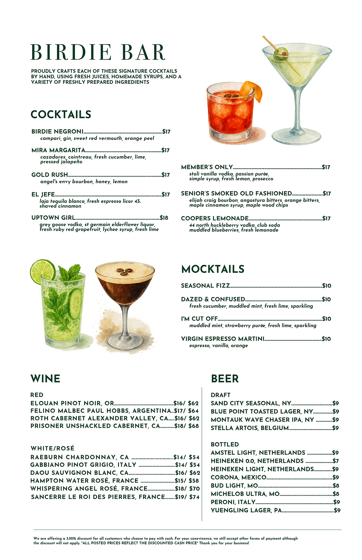 Birdie Bar Dinner Menu