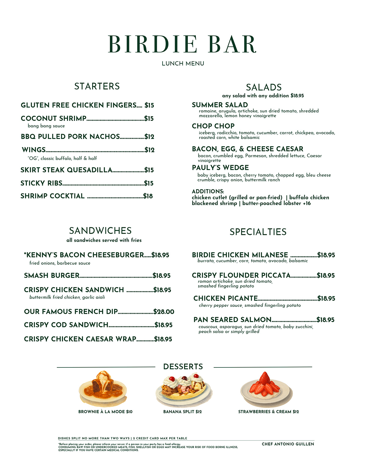 Birdie Bar Lunch Menu